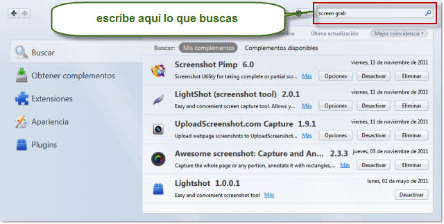 Buscar complementos en Firefox